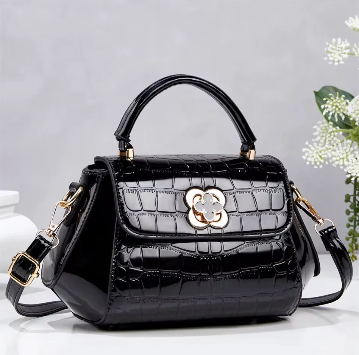 ACIES Croc Luxe Top Handle Bag - Gloss Black