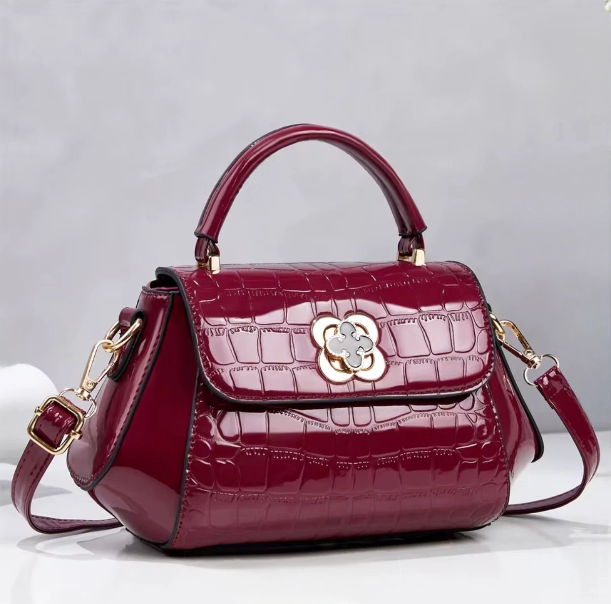 ACIES Croc Luxe Top Handle Bag - Burgundy