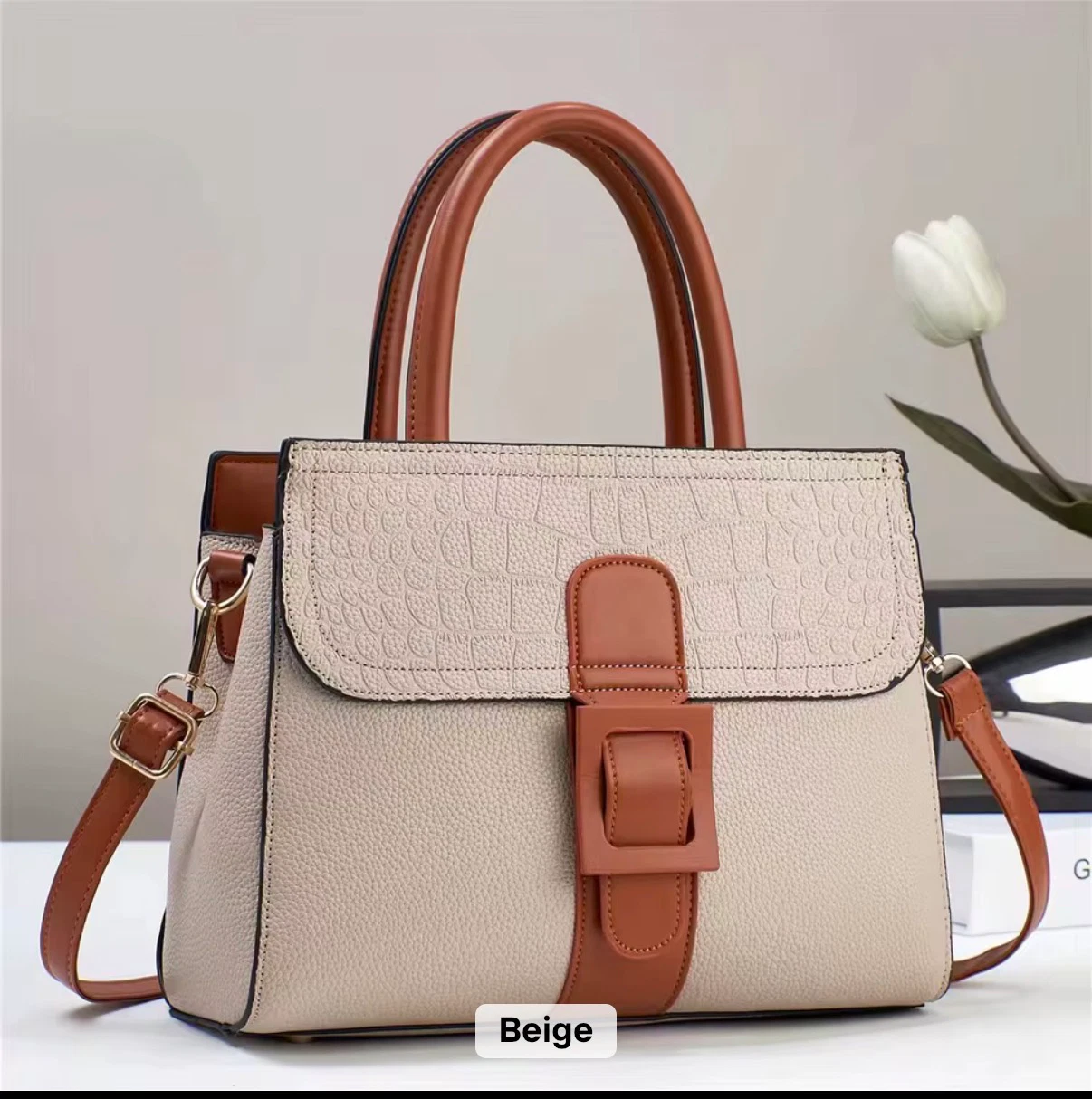 Signature Buckle Satchel - Deep Beige