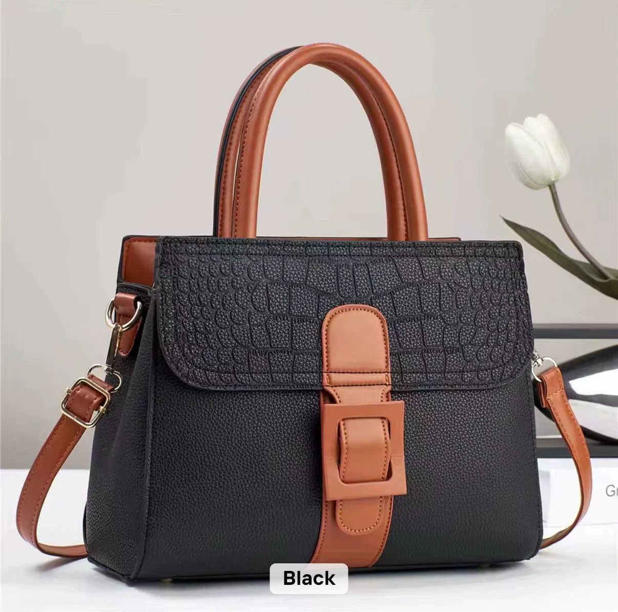 Signature Buckle Satchel - Black
