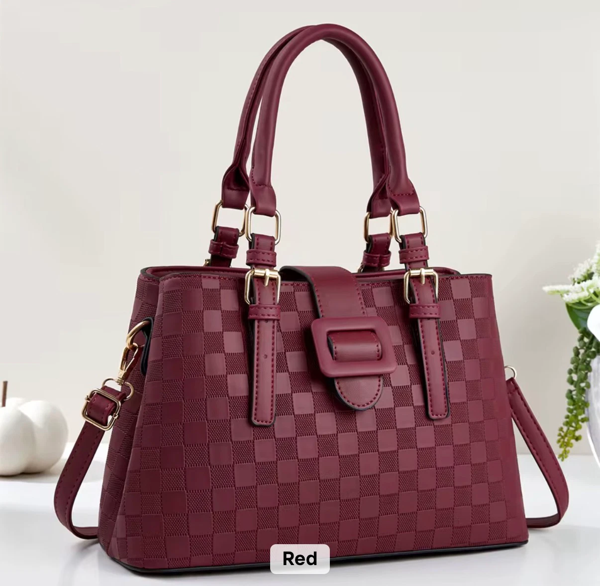 ACIES Verona Check Tote - Wine Berry