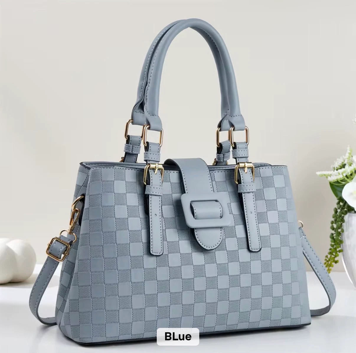 ACIES Verona Check Tote - Mist Blue