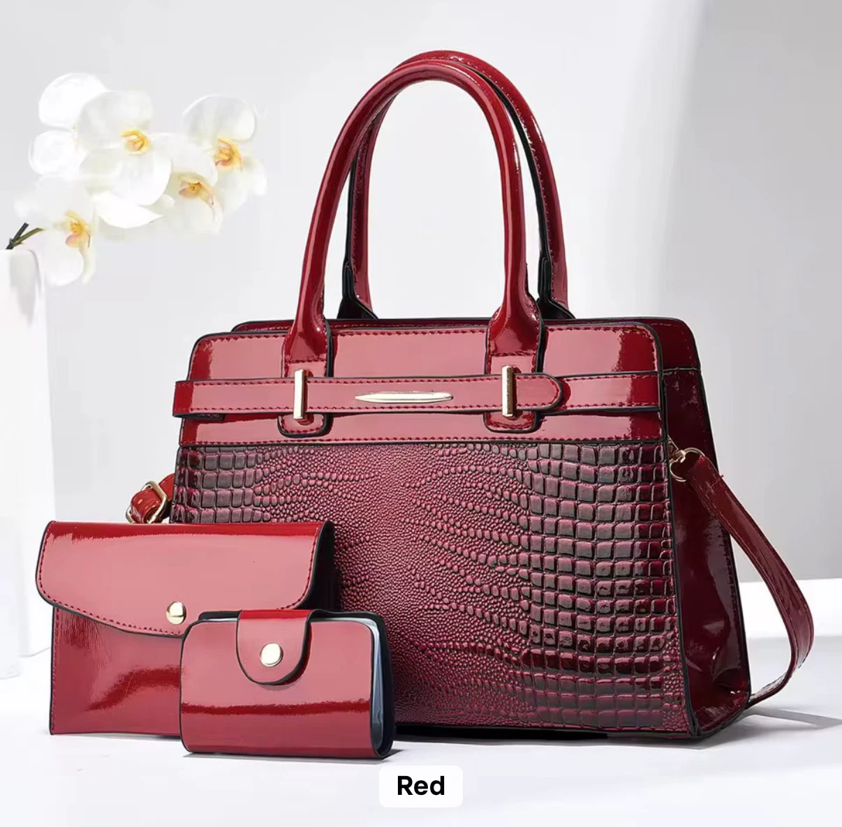 ACIES Marcelline Croc Satchel Set - Wine
