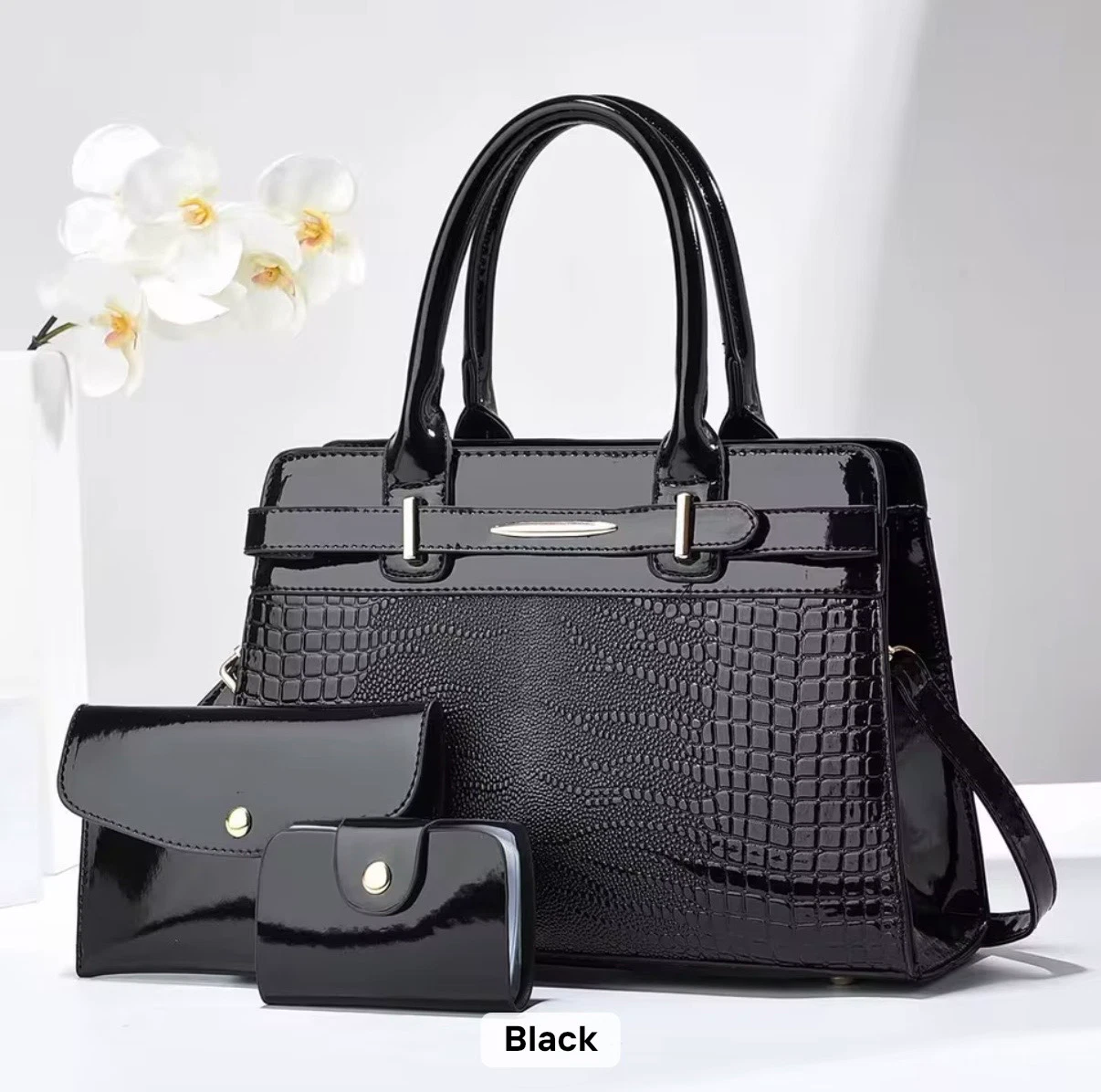 ACIES Marcelline Croc Satchel Set - Midnight Black