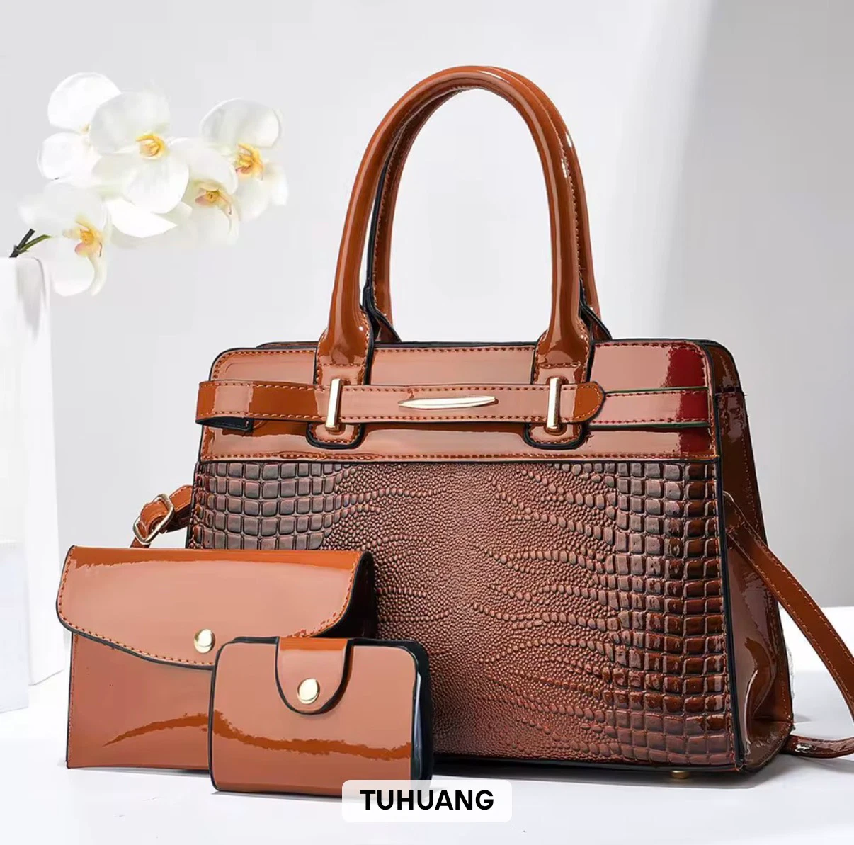 ACIES Marcelline Croc Satchel Set - Brown