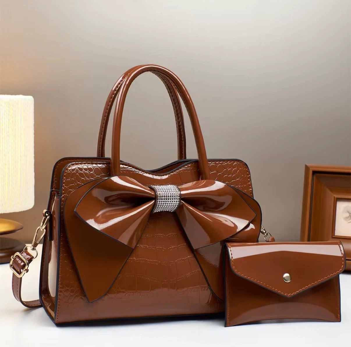 ACIES Amorette Bow Satchel Set - Brown