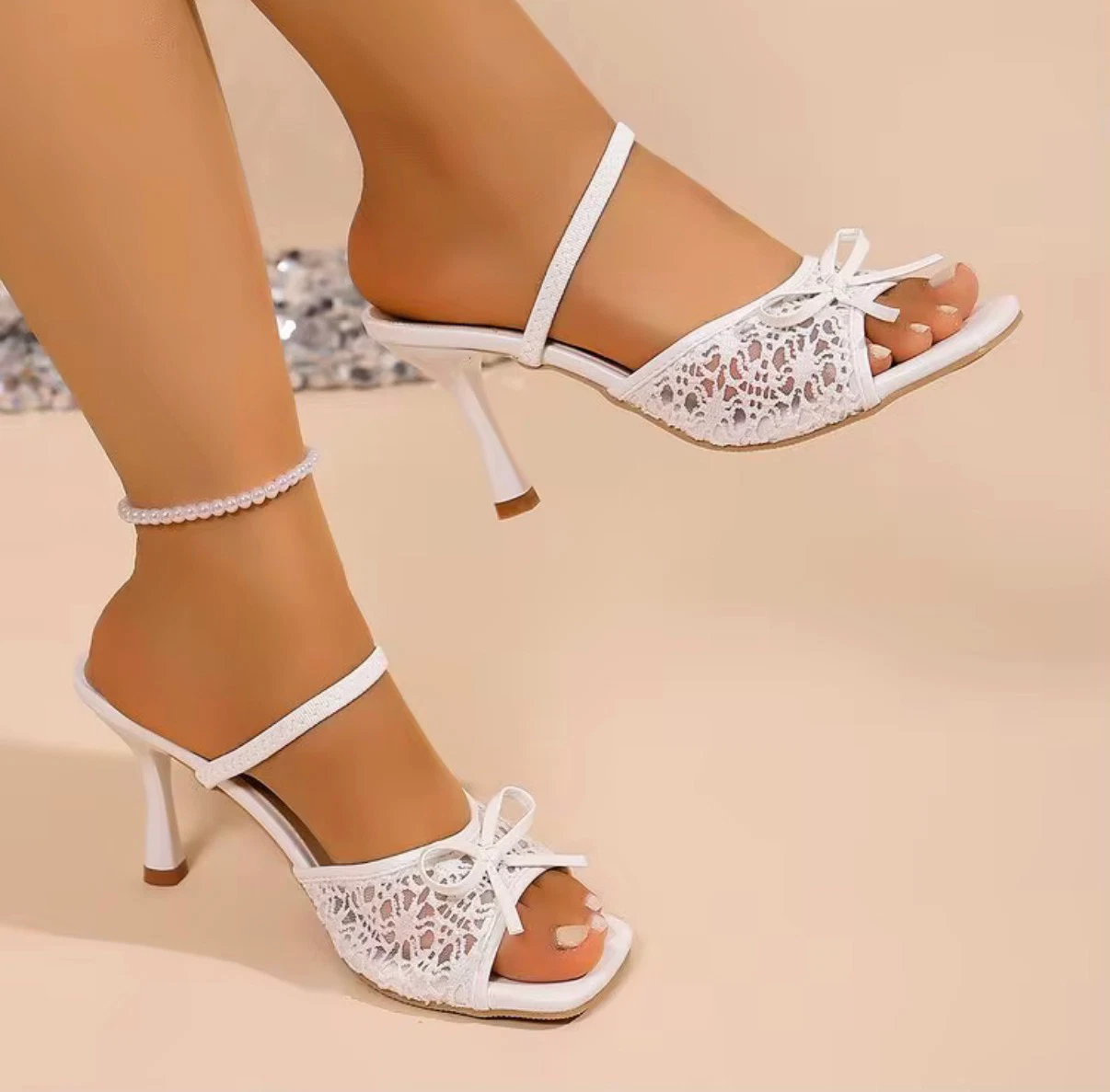 Elowen Lace Bow Heels - Ivory Veil